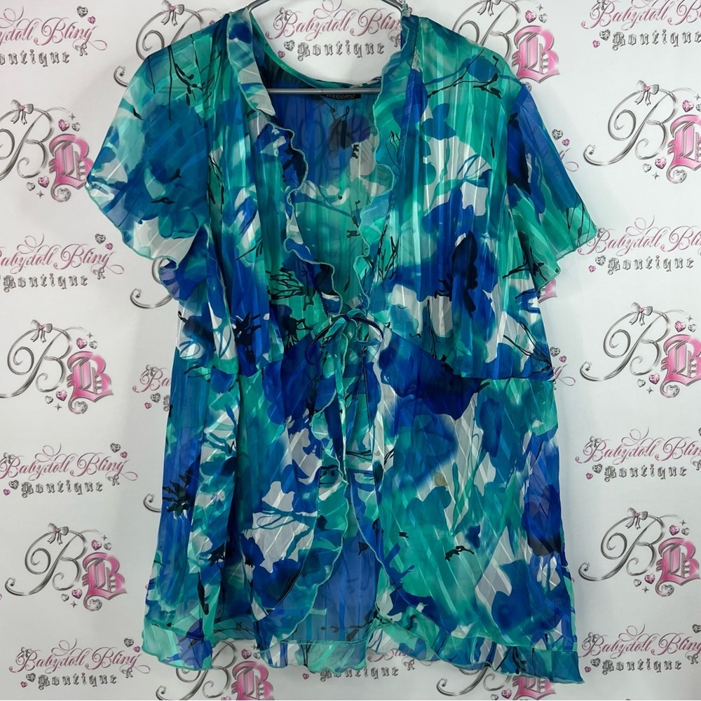 Penningtons contempo blouse ruffles floral pleated Blue Green Floral Blouse